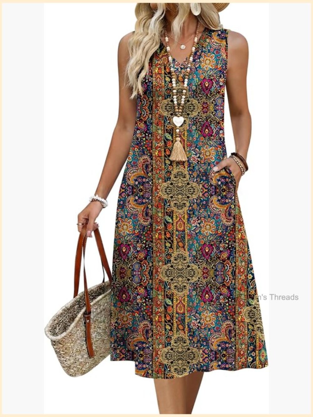 V Neck Tank Midi Sundress with Pockets - Sleeveless Casual Beach Dress